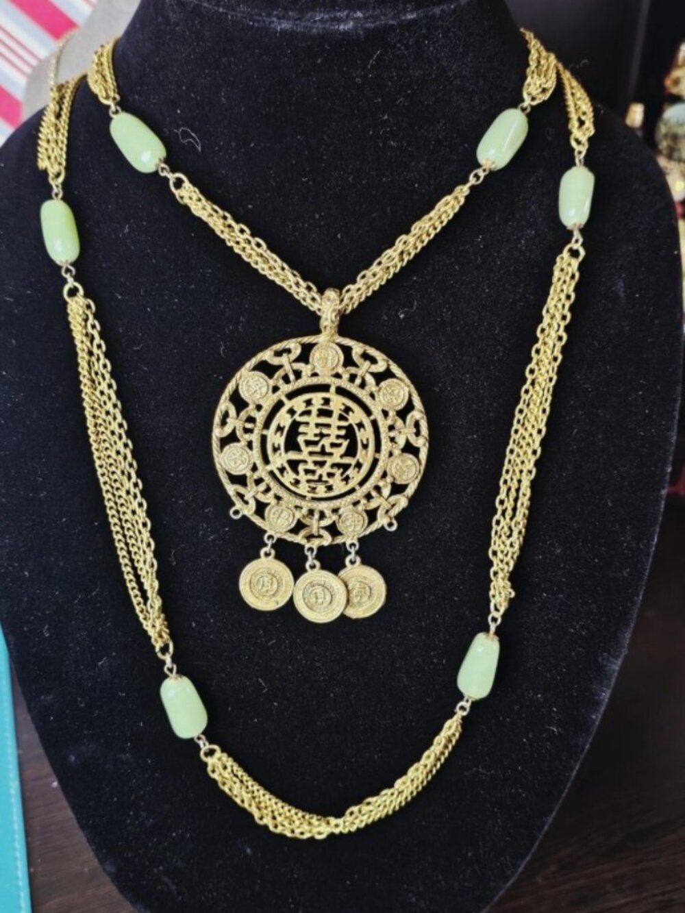 Goldette 60's Vintage Multi Strand Chinese Jade Color Stones Medallion Necklace - Picture 4 of 5